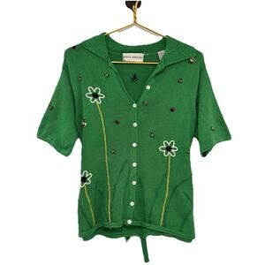 Rare 1990s Marisa Christina Hand Knit Short Sleeve Sweater Bumblebees Flowers